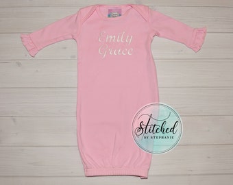 Baby girl pink ruffle gown with name monogrammed personalized embroidered newborn coming home outfit baby shower gift