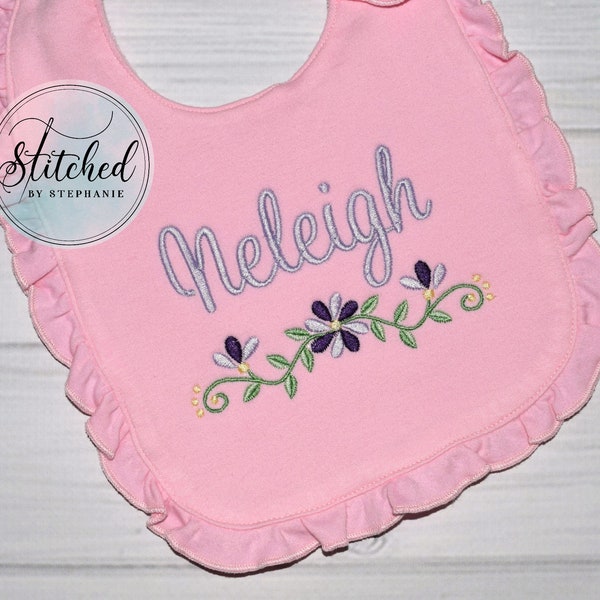 Baby girls purple floral border pink ruffle bib embroidered monogrammed personalized with name baby shower gift