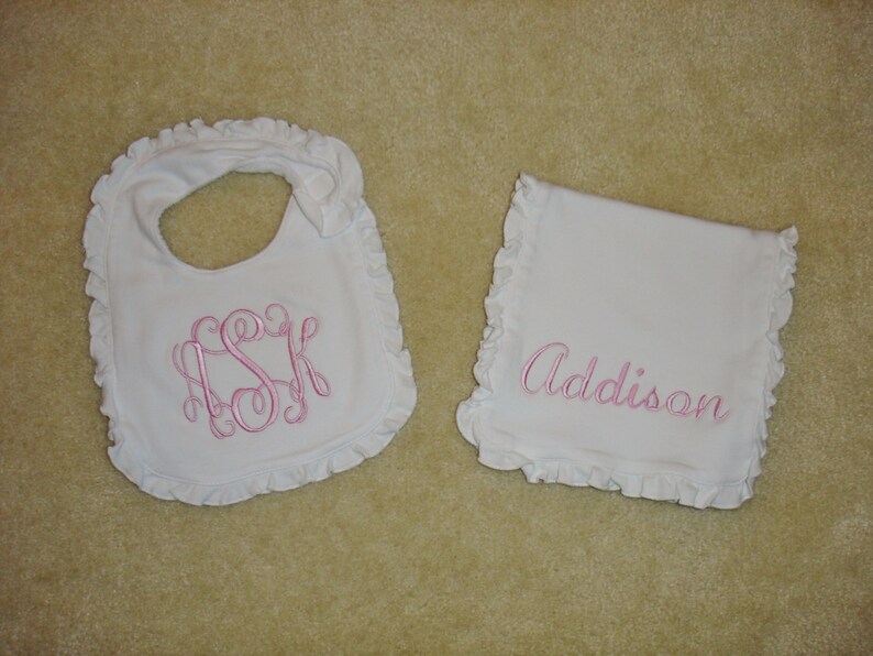 Baby girls light pink monogrammed white ruffle bib name burp cloth hat with bow set embroidered personalized initials baby shower gift
