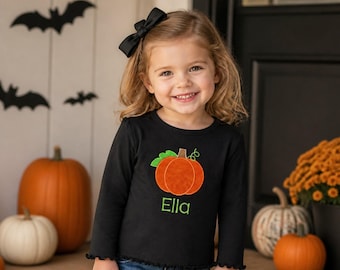 T-shirt met pompoenapplicatie voor peutermeisjes, herfst, Halloween, Thanksgiving, geborduurd zwart shirt