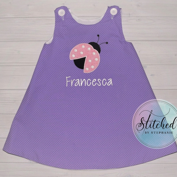 Baby toddler girls pink ladybug applique purple jumper dress embroidered monogrammed personalized with name