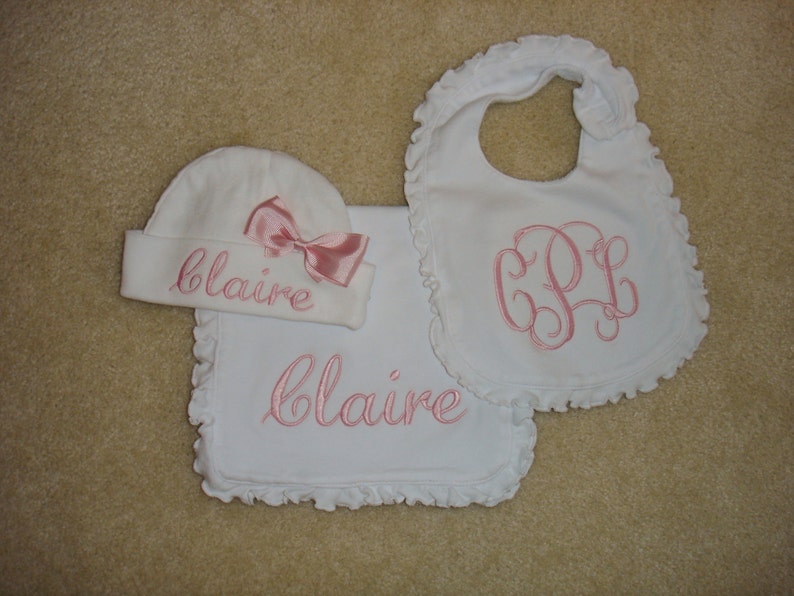 Baby girls light pink monogrammed white ruffle bib name burp cloth hat with bow set embroidered personalized initials baby shower gift