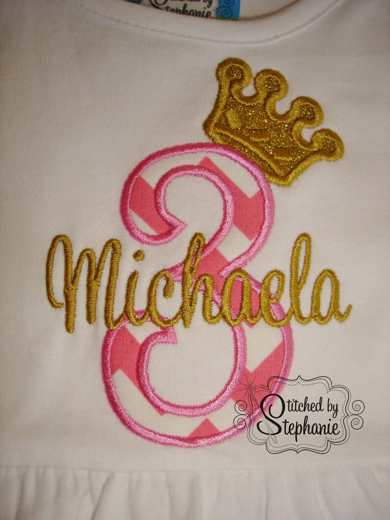 Girls Princess Tiara Crown Birthday Number applique white long sleeve ruffle dress monogrammed embroidered initial personalized name