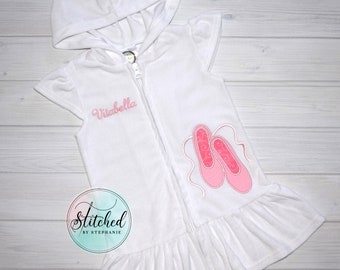 Girls pink ballet slippers terry swim beach coverup applique dress baby toddler embroidered monogrammed personalized with name