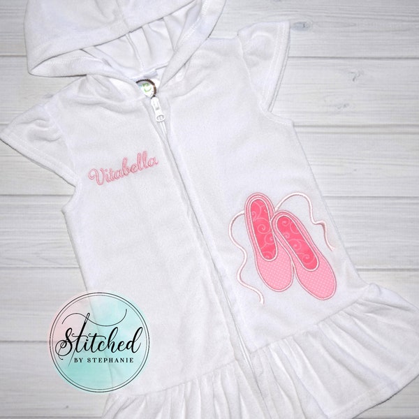Girls pink ballet slippers terry swim beach coverup applique dress baby toddler embroidered monogrammed personalized with name