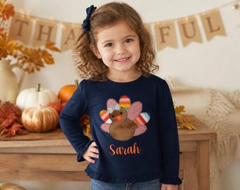 Girls Thanksgiving Turkey Applique Embroidered Navy Ruffle Shirt or Bodysuit
