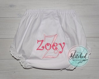 Baby girl hot pink name on light pink initial monogrammed bloomers personalized eyelet ruffle panties diaper cover