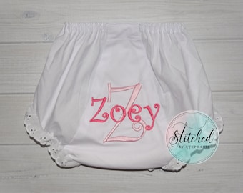 Baby girl hot pink name on light pink initial monogrammed bloomers