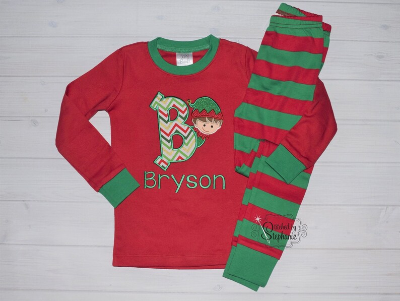 Christmas PJs Boy Elf Applique Red and Green Striped Family image 1