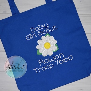 Girl scout daisy flower applique blue tote bag embroidered personalized with name or troop number