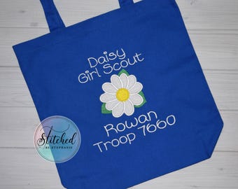 Girl scout daisy flower applique embroidered blue tote bag with name or troop number