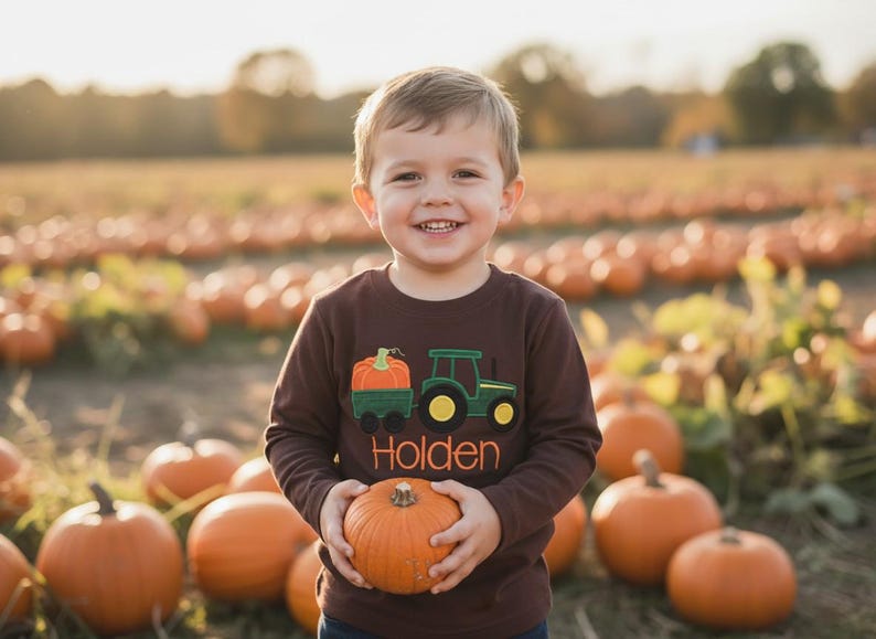 Pumpkin Tractor Applique Fall Shirt Embroidered Halloween Thanksgiving Brown Shirt or Bodysuit image 1