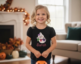 Girls Halloween Ghost Boo Banner Applique Embroidered Black Shirt