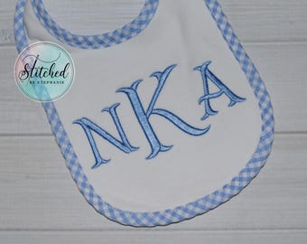 Baby boys monogrammed bib light blue monogram on white blue gingham bib embroidered personalized initials baby shower gift