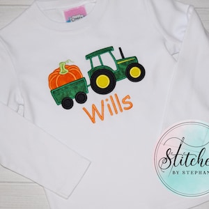 Pumpkin Tractor Applique Fall Shirt Embroidered Halloween Thanksgiving Brown Shirt or Bodysuit White