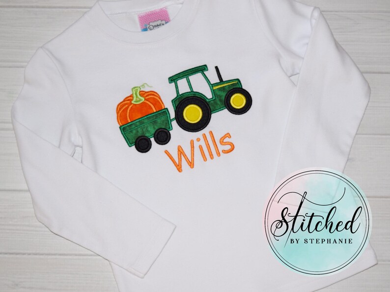 Pumpkin Tractor Applique Fall Shirt Embroidered Halloween Thanksgiving Brown Shirt or Bodysuit White