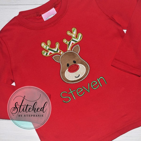 Boys Reindeer Christmas Applique Red Long Sleeve Shirt Baby Bodysuit Embroidered Personalized Monogram Name