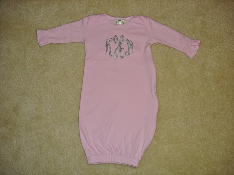 Custom personalized monogrammed 3 initial light pink or white baby girl gown with ruffled sleeves set with damask gray burp cloth