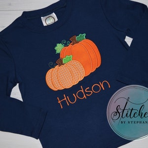 Boys Two Pumpkin Applique Shirt Fall Halloween Thanksgiving Navy Blue Long Sleeve Toddler Baby Bodysuit Embroidered Personalized Monogrammed