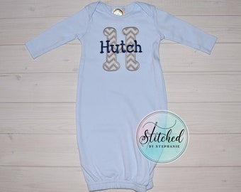 Baby boys gown navy name over gray chevron applique initial letter light blue or white coming home outfit