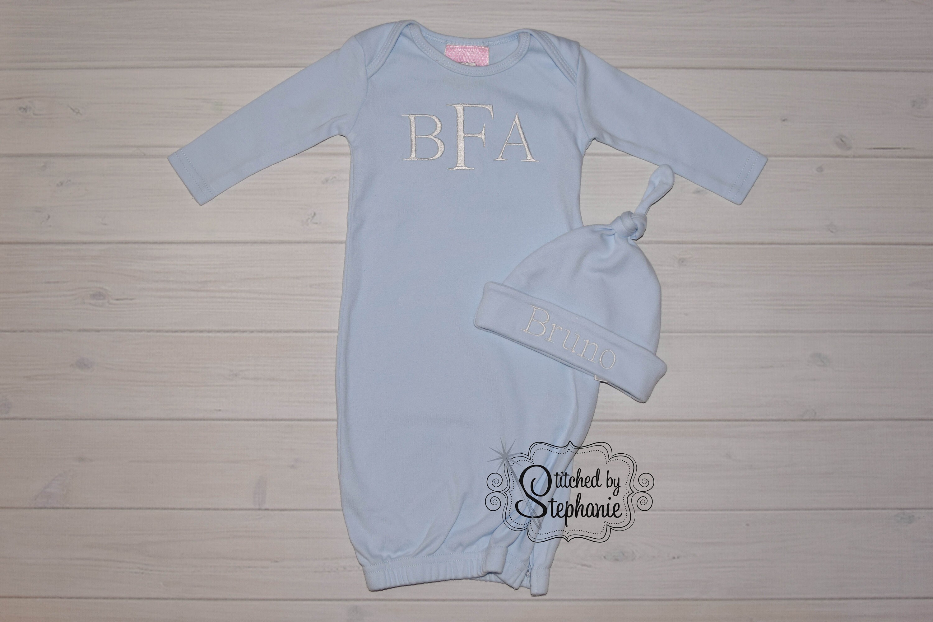 personalized baby gown and hat set