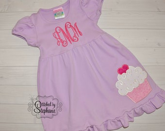 Girls Birthday Cupcake pink heart applique lavender purple short sleeve ruffle dress monogrammed embroidered initial personalized name