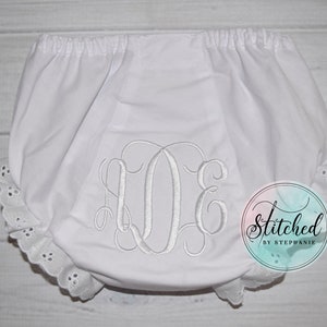 Baby girl white monogrammed bloomers baptism diaper cover interlocking vines wedding eyelet ruffle panties