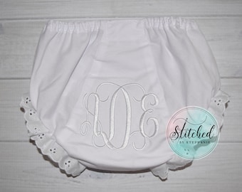 Baby girl white monogrammed embroidered diaper cover bloomers
