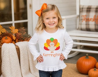 Girls Thanksgiving Turkey Applique Embroidered Fall White Ruffle Shirt or Bodysuit