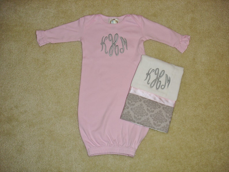 Custom personalized monogrammed 3 initial light pink or white baby girl gown with ruffled sleeves set with damask gray burp cloth