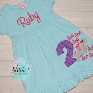 Girls Birthday Baby shark purple number applique aqua blue short sleeve ruffle dress outfit monogrammed embroidered personalized name