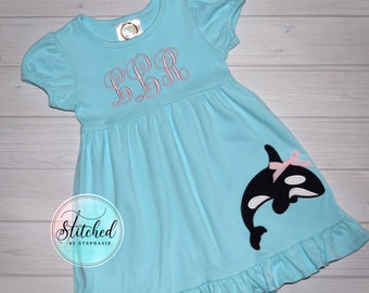 Girls orca whale applique dress aqua blue short sleeve ruffle sea beach monogrammed embroidered initial personalized name