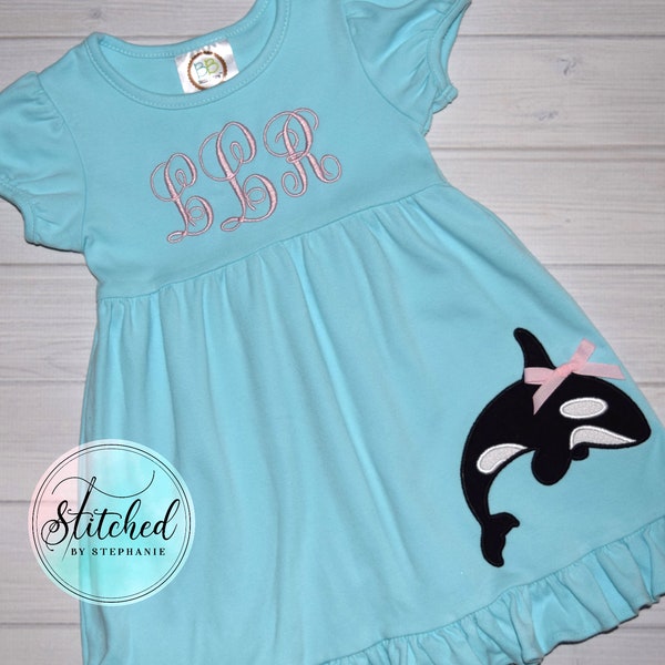 Girls orca whale applique dress aqua blue short sleeve ruffle sea beach monogrammed embroidered initial personalized name