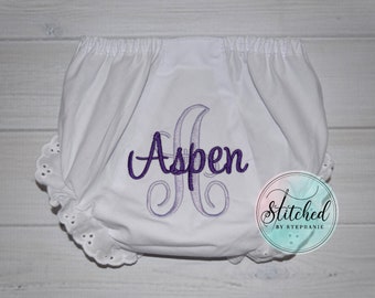 Baby girl purple name on lavender initial monogrammed bloomers personalized eyelet ruffle panties diaper cover
