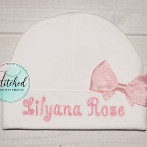 Baby girls personalized white hat with bow pink name embroidered monogrammed baby shower gift coming home outfit photo prop