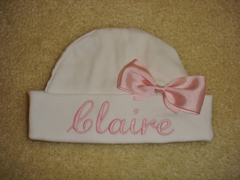 Baby girls light pink monogrammed white ruffle bib name burp cloth hat with bow set embroidered personalized initials baby shower gift
