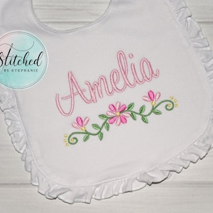 Baby girls pink floral border white ruffle bib embroidered monogrammed personalized with name baby shower flower girl gift