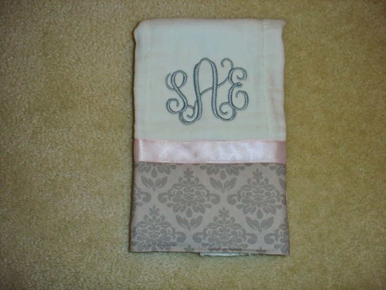 Custom personalized monogrammed 3 initial light pink or white baby girl gown with ruffled sleeves set with damask gray burp cloth