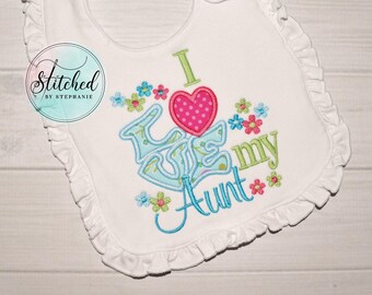 Girls I love my aunt heart applique embroidered ruffle bib
