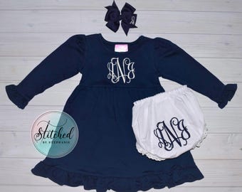 Girls navy long sleeve ruffle dress white monogram monogrammed personalized embroidered name add on bloomers bow outfit set