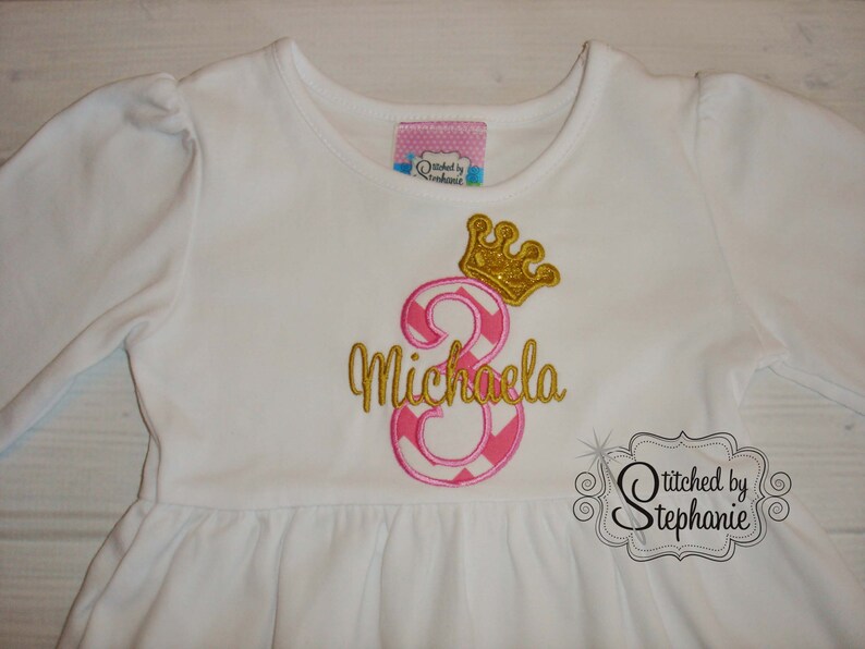 Girls Princess Tiara Crown Birthday Number applique white long sleeve ruffle dress monogrammed embroidered initial personalized name