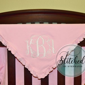 Baby girl ruffled blanket pink or white monogrammed initials personalized name baby shower gift crib stroller blanket