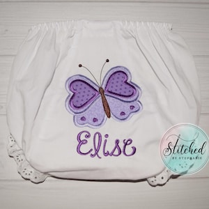 Baby girl purple butterfly personalized bloomers Valentine&#39;s Day heart applique monogrammed name eyelet ruffle panties diaper cover