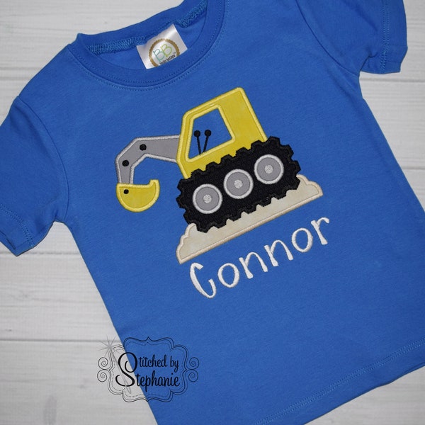 Boys Construction excavator applique shirt bulldozer backhoe digger long short sleeve royal blue embroidered Personalized Monogrammed name