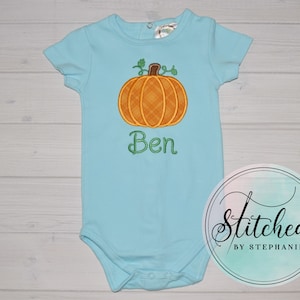 Boys Plaid Pumpkin Applique Shirt Fall Halloween Thanksgiving short sleeve aqua blue bodysuit monogrammed embroidered personalized with name