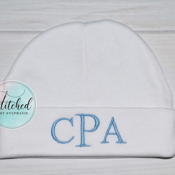 Baby boys monogrammed white beanie hat light blue monogram initials embroidered personalized baby shower gift photo prop