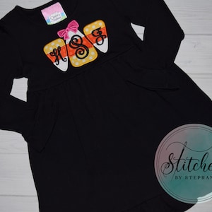 Girls Candy Corn Monogram Applique Dress Halloween black long sleeve ruffle monogrammed embroidered initials personalized