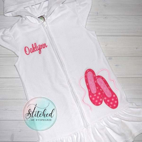 Girls hot pink ballet slippers terry swim beach coverup applique dress baby toddler embroidered monogrammed personalized with name