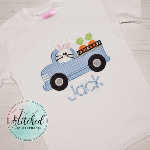 Boys Easter Bunny Truck applique white short or long sleeve shirt or baby bodysuit Embroidered Personalized Monogrammed name