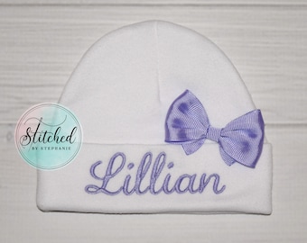 Baby girls personalized white beanie hat with bow lavender purple name embroidered monogrammed baby shower gift photo prop